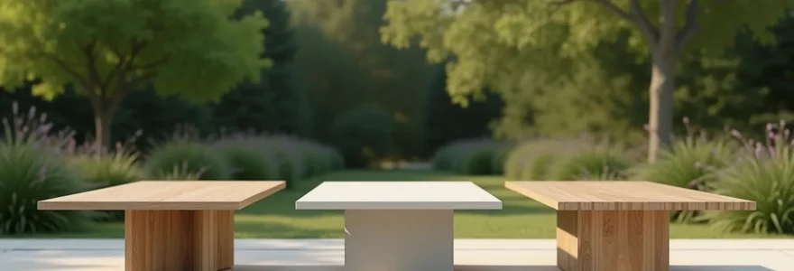 Trois tables de jardin côte à côte montrant différents matériaux : bois teck, aluminium brossé et plateau en céramique grise