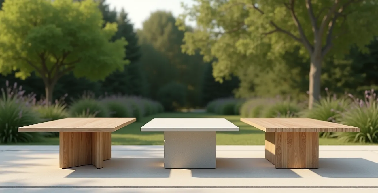 Trois tables de jardin côte à côte montrant différents matériaux : bois teck, aluminium brossé et plateau en céramique grise